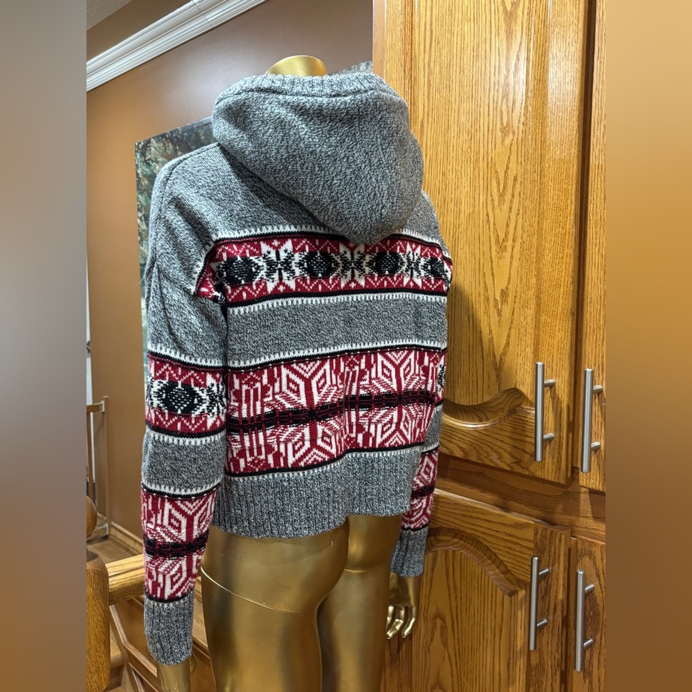 Youth Cozy Grey and Red Fair Isle Hooded Sweater with Pom-Pom Drawstrings - Picture 3 of 7